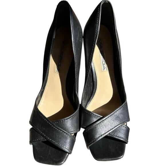 VIA SPIGA Stacked Heel Pumps Womens 7 Black Leather Classic Career Open Toe Shoe - Picture 1 of 8